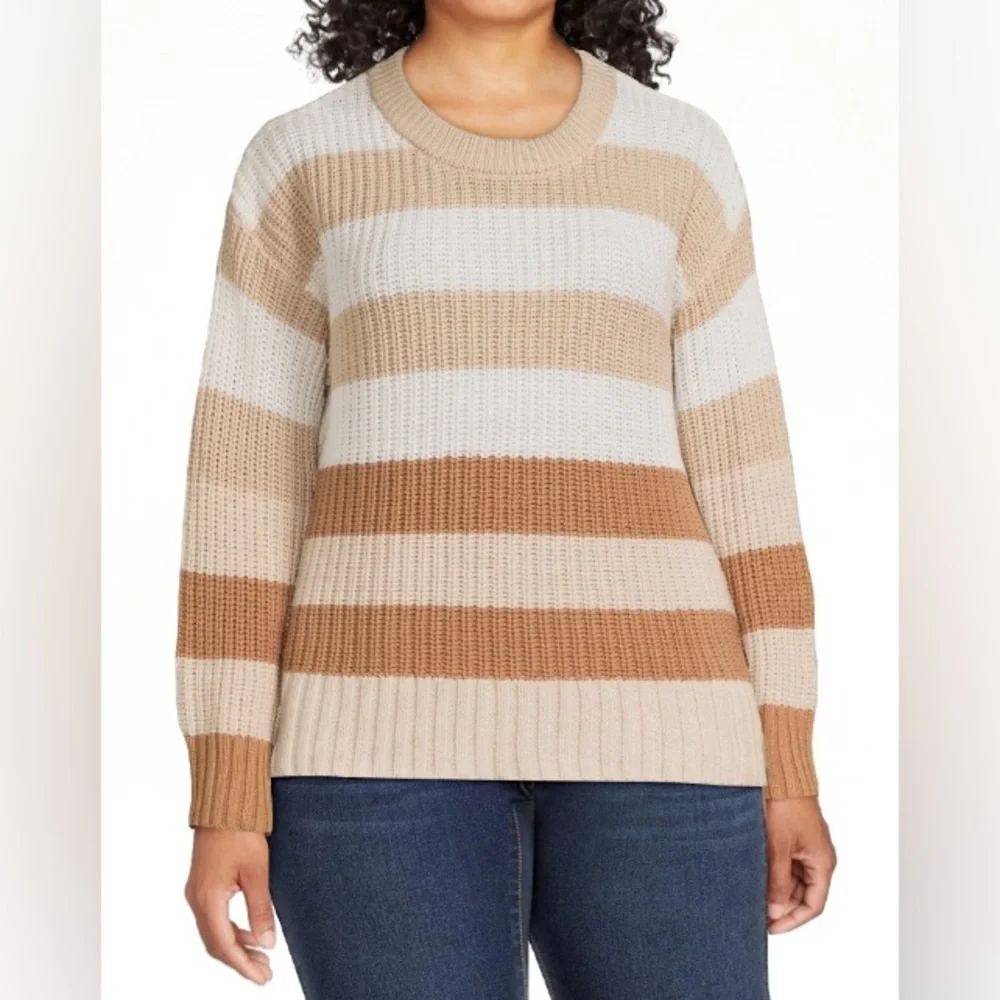 Time and Tru Crew Neck Striped Midweight Sweater - tan/cream, L - Picture 1 of 10